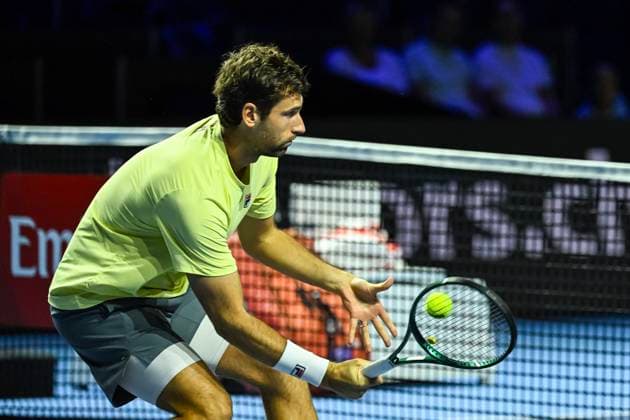 19th October 2025; St. Jakobshalle, Basel, Switzerland; 2025 ATP, Tennis Herren Swiss Indoor Tennis Day 1; Quentin Halys (FRA) in action against Remy Bertola (SUI) in the final qualification round  DavidxEmm