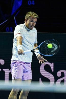 19th October 2025; St. Jakobshalle, Basel, Switzerland; 2025 ATP, Tennis Herren Swiss Indoor Tennis Day 1; Remy Bertola (SUI) in action against Quentin Halys (FRA) in the final qualification round  DavidxEmm