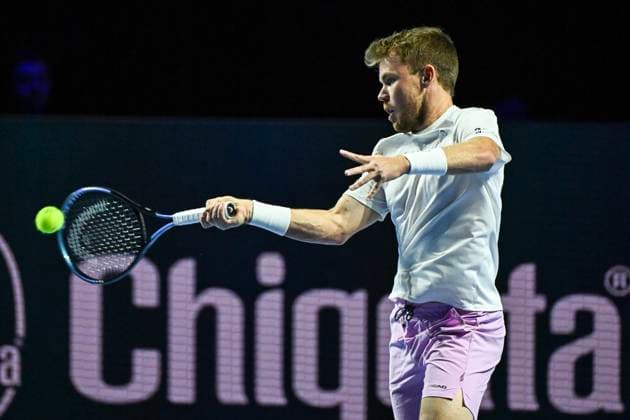 19th October 2025; St. Jakobshalle, Basel, Switzerland; 2025 ATP, Tennis Herren Swiss Indoor Tennis Day 1; Remy Bertola (SUI) in action against Quentin Halys (FRA) in the final qualification round  DavidxEmm