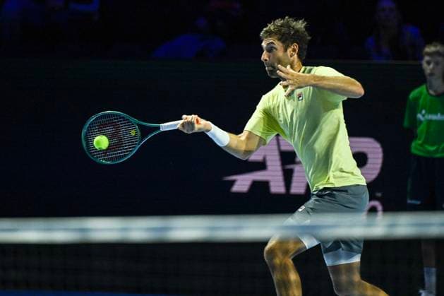 19th October 2025; St. Jakobshalle, Basel, Switzerland; 2025 ATP, Tennis Herren Swiss Indoor Tennis Day 1; Quentin Halys (FRA) in action against Remy Bertola (SUI) in the final qualification round  DavidxEmm