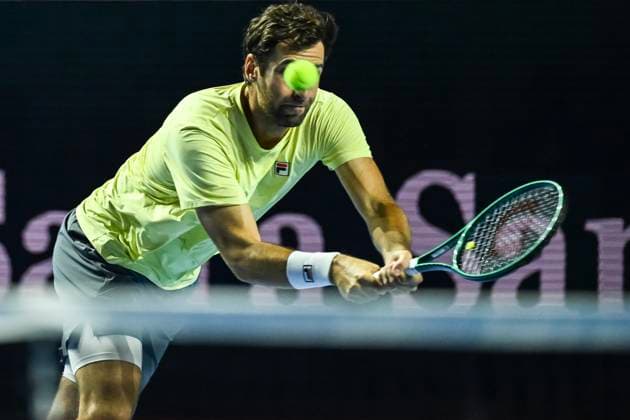 19th October 2025; St. Jakobshalle, Basel, Switzerland; 2025 ATP, Tennis Herren Swiss Indoor Tennis Day 1; Quentin Halys (FRA) in action against Remy Bertola (SUI) in the final qualification round  DavidxEmm