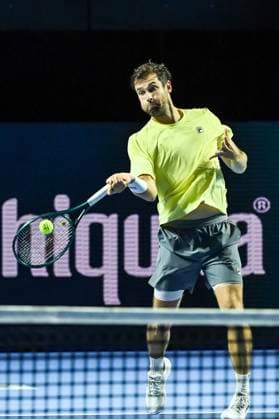 19th October 2025; St. Jakobshalle, Basel, Switzerland; 2025 ATP, Tennis Herren Swiss Indoor Tennis Day 1; Quentin Halys (FRA) in action against Remy Bertola (SUI) in the final qualification round  DavidxEmm