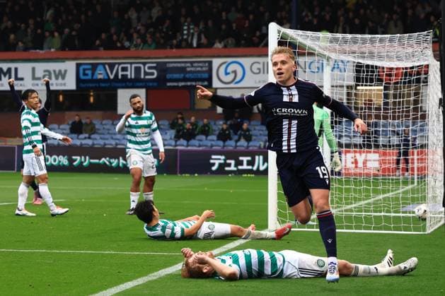 19th October 2025; Dens Park, Dundee, Scotland; Scottish Premiership Football, Dundee versus Celtic; Joe Westley of Dundee celebrates after an own goal from Cameron Carter-Vickers of Celtic for 2-0  DavidxYoung