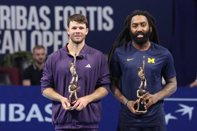 Christian Harrison and Evan King pose with their trophy for the photographer after the European Open ATP, Tennis Herren tennis tournament doubles in Brussels, on Sunday 19 October 2025. This year s edition of the tournament is taking place from 12 to 19 October 2025. VIRGINIExLEFOUR  x137297157x