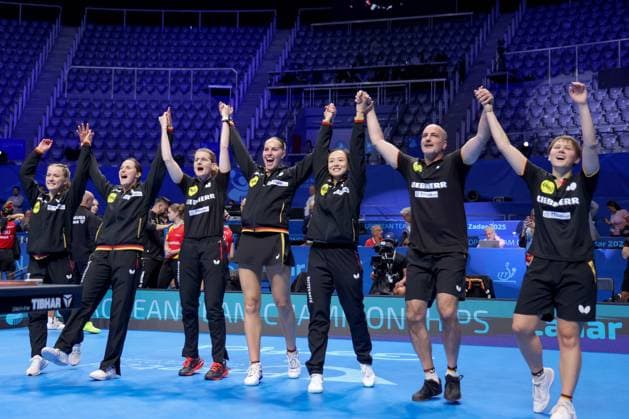 Romania v Germany: ETTU European Teams Championships - Day 8 Team of Germany celebrate after winning the ETTU European Team Championship at Kresimir Cosic Sports Hall on October 19, 2025 in Zadar, Croatia.  SimexZelic PIXSELL