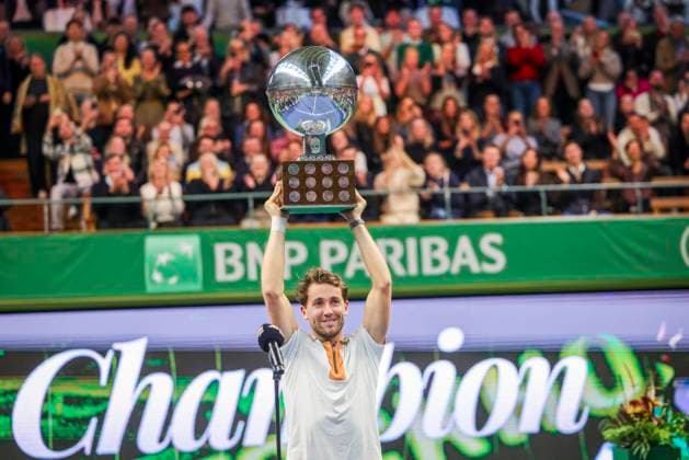 Norway s Casper Ruud wins the singles final against France s Ugo Humbert during the BNP Paribas Nordic Open tennis tournament at the Royal Swedish Tennis Hall in Stockholm, Sweden, October 19, 2025. STOCKHOLM SWEDEN x62260x