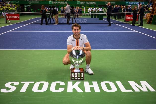 251019 Casper Ruud of Norway celebrates with the trophy after winning the men s singles final on day 9 of the ATP, Tennis Herren 250 Nordic Open on October 19, 2025 in Stockholm. Photo: Jesper Zerman BILDBYRAN kod JZ JZ0631 tennis nordic open nordic open 2025 bbeng final singelfinal singel jubel norge Copyright: JESPERxZERMAN BB251019JZ061