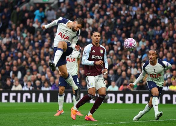 19th October 2025; Tottenham Hotspur Stadium, London, England; Premier League Football, Tottenham Hotspur versus Aston Villa; Rodrigo Bentancur of Tottenham Hotspur heads the ball towards goal  JohnxPatrickxFletcher