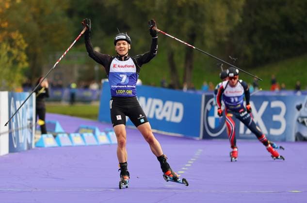 BIATHLON - Loop One Opening Festival MUNICH,GERMANY,19.OCT.25 - BIATHLON - Loop One Opening Festival. Image shows the rejoicing of Justus Strelow (GER).  GEPAxpictures xThomasxBachun