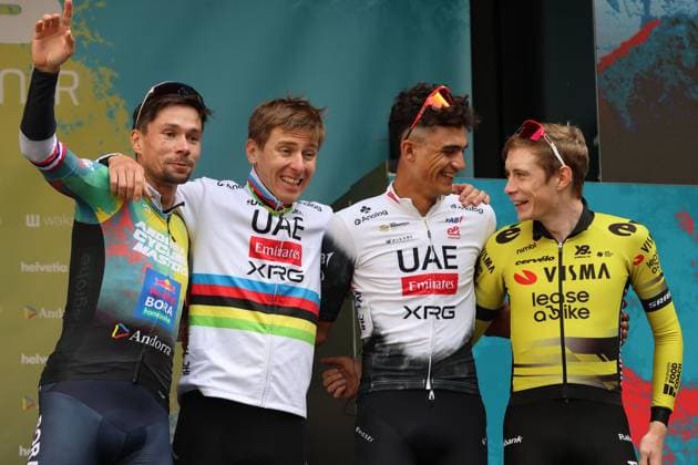 19-10-2025 Andorra Cycling Masters; 2025, Red Bull - Bora Hansgrohe; 2025, Uae Team Emirates - Xrg; 2025, Visma - Lease A Bike; Roglic, Primoz; Pogacar, Tadej; Del Toro Romero, Isaac; Vingegaard, Jonas; Andorra; 