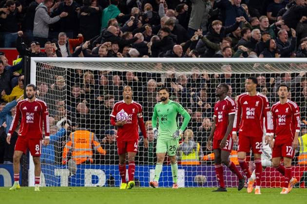 Football - FA Premier League - Liverpool FC v Manchester United, ManU FC LIVERPOOL, ENGLAND - Sunday, October 19, 2025: Liverpool s goalkeeper Giorgi Mamardashvili reacts to conceeding the second goal during the FA Premier League match between Liverpool FC and Manchester United FC at Anfield. (Photo by David Rawcliffe Propaganda) LIVERPOOL Anfield MERSEYSIDE ENGLAND  Copyright: xDavidxRawcliffex P2025-10-19-Liverpool_Man_Utd-88
