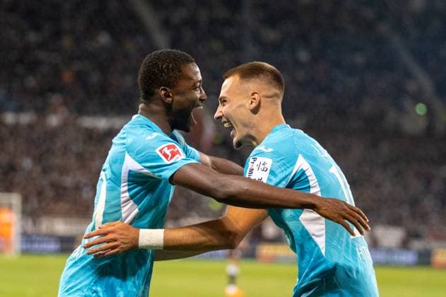 Deutschland, Fussball, 1. Bundesliga, 7. Spieltag 2025 2026, FC St. Pauli - TSG Hoffenheim am 19.10. in Hamburg (Millerntor-Stadion): 0:1 durch Bazoumana TourÃ (TSG Hoffenheim 29) Torjubel Copyright: xSvenxHeidmannx