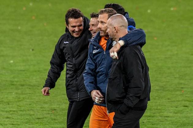 Schlussjubel Oliver Baumann Christian Ilzer Trainer ( Hoffenheim ) Deutschland , Hamburg , Millerntorstadion , Fussball , 1. Bundesliga , FC St Pauli - TSG Hoffenheim