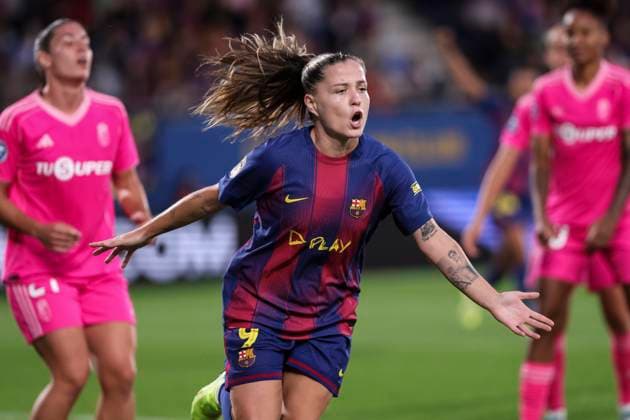 October 19, 2025, Sant Joan Despi, Barcelona, Spain: Claudia Pina Medina of FC Barcelona, Barca celebrates a goal during the Spanish Women league, Liga F, football match played between FC Barcelona and Granada CF at Johan Cruyff Stadium on October 19, 2025 in Sant Joan Despi, Barcelona. Sant Joan Despi Spain - ZUMAa181 20251019_zaa_a181_233 Copyright: xJavierxBorregox