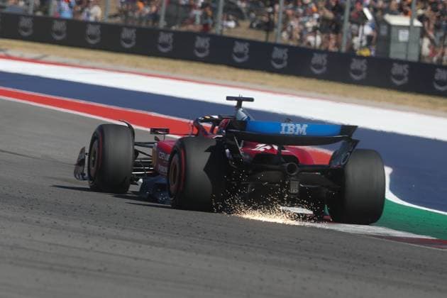 AUSTIN, TX - OCTOBER 19: Scuderia Ferrari HP driver Charles Leclerc (16) of Monaco throws off sparks in the chicane during the Formula 1 MSC Cruises United States Grand Prix on October 19, 2025, at Circuit of The Americas in Austin, Texas. (Photo by David Buono Icon Sportswire) AUTO: OCT 19 F1 United States Grand Prix EDITORIAL USE ONLY Icon2510190541