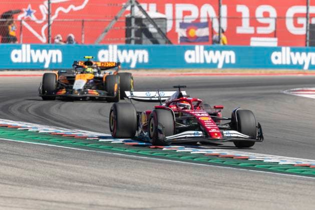 AUSTIN, TX - OCTOBER 19: Charles Leclerc of Monaco and Team Scuderia Ferrari HP (16) is chased by Lando Norris of the United Kingdom and Team McLaren (4) during the Formula 1 F1 Grand Prix of United States on October 19, 2025 at the Circuit of The Americas in Austin, TX. (Photo by Bob Kupbens Icon Sportswire) AUTO: OCT 19 F1 United States Grand Prix EDITORIAL USE ONLY Icon2510190271