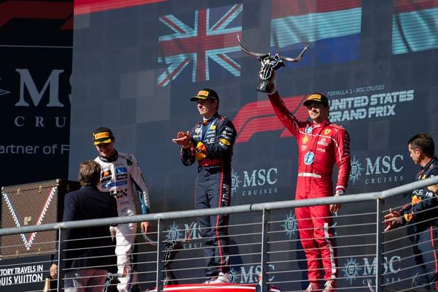 October 19, 2025: Lando Norris (4) Second Place, Max Verstappen (1) First Place and Charles Leclerc (16) Third Place celebrate their podium win at the Formula 1 MSC Cruises United States Grand Prix, Circuit of the Americas. Austin, Texas. CSM Austin United States of America - ZUMAc04_ 20251019_faf_c04_001 Copyright: xMarioxCantux