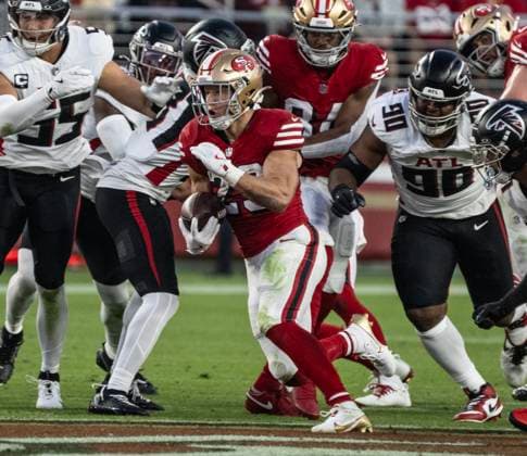 San Francisco 49ers running back Christian McCaffrey (23) runs into the secondary against the Atlanta Falcons at Levi s Stadium in Santa Clara, California on Sunday, October 19, 2025. McCaffery scored two touchdowns as the 49ers defeated the Falcons 20-10.  SXP2025101908 TERRYxSCHMITT