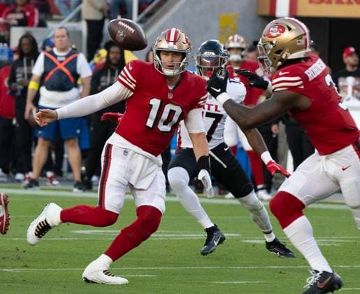 San Francisco 49ers quarterback Mac Jones (10) pitches the ball to wide receiver Robbie Chosen (3) in the irst quarter against the Atlanta Falcons at Levi s Stadium in Santa Clara, California on Sunday, October 19, 2025.  SXP2025101909 TERRYxSCHMITT