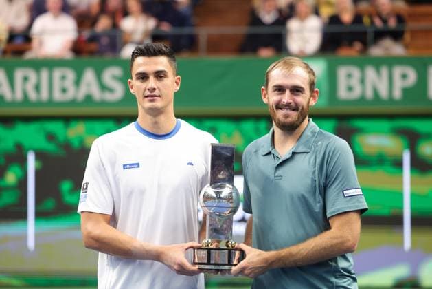 Austria s Alexander Erler and USA s Robert Galloway win the doubles final during the BNP Paribas Nordic Open tennis tournament at the Royal Swedish Tennis Hall in Stockholm, Sweden, Saturday, Oct. 19, 2025. STOCKHOLM SWEDEN x62260x