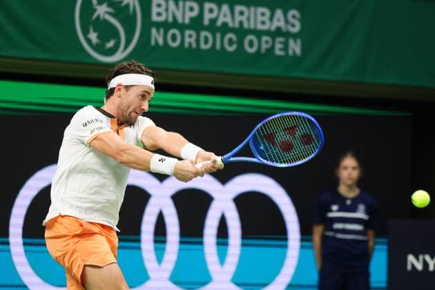 STOCKHOLM, SWEDEN 20251019 Norway s Casper Ruud meets France s Ugo Humbert in the singles final during the BNP Paribas Nordic Open tennis tournament at the Royal Swedish Tennis Hall. STOCKHOLM SWEDEN x62260x