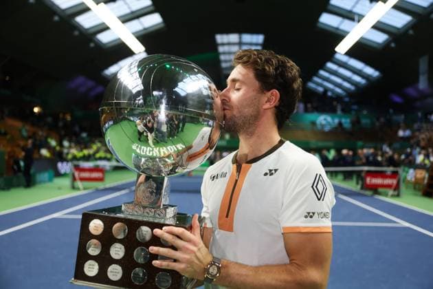 Norway s Casper Ruud wins the singles final against France s Ugo Humbert during the BNP Paribas Nordic Open tennis tournament at the Royal Swedish Tennis Hall in Stockholm, Sweden, October 19, 2025. STOCKHOLM SWEDEN x62260x