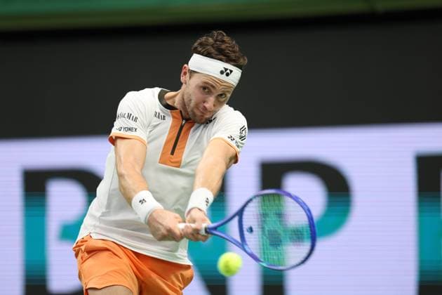 STOCKHOLM, SWEDEN 20251019 Norway s Casper Ruud meets France s Ugo Humbert in the singles final during the BNP Paribas Nordic Open tennis tournament at the Royal Swedish Tennis Hall. STOCKHOLM SWEDEN x62260x