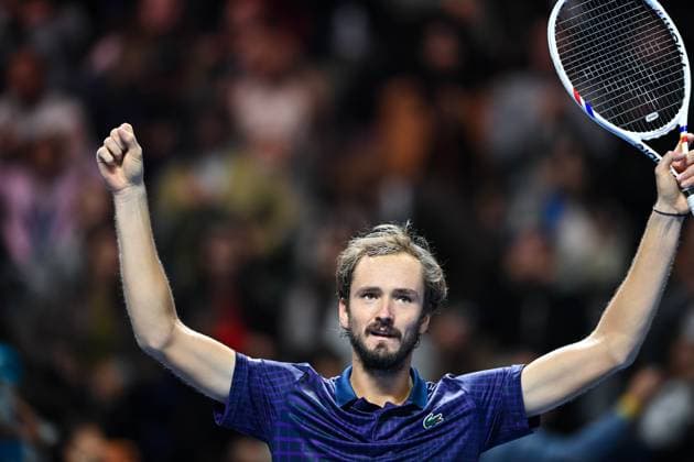 (251020) -- ALMATY, Oct. 20, 2025 -- Daniil Medvedev celebrates after winning the men s singles final match between Daniil Medvedev of Russia and Corentin Moutet of France at the ATP250 Almaty Tennis Open in Almaty, Kazakhstan, on Oct. 19, 2025. ) (SP)KAZAKHSTAN-ALMATY-TENNIS-ALMATY OPEN--FINAL LixRenzi 