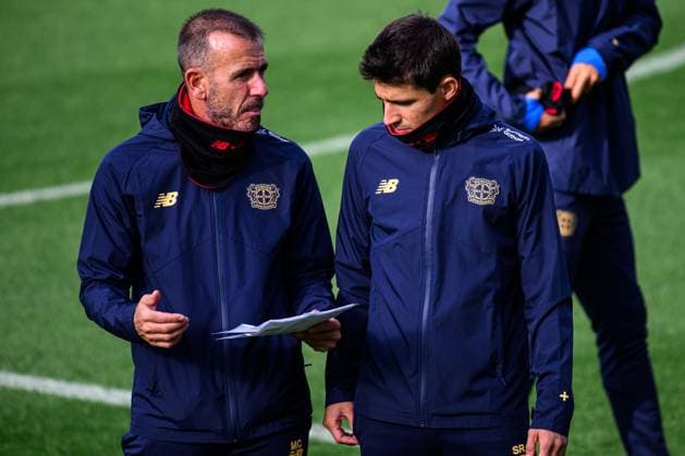 LEVERKUSEN, GERMANY - 20 OCTOBER, 2025: Migel Angel Campos, Sergi Runge - UEFA Champions League, Pre match practice FC Bayer 04 Leverkusen at BayArena.  Copyright: xVITALIIxKLIUIEVx