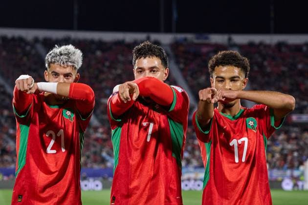 (251020) -- SANTIAGO, Oct. 20, 2025 -- Yassir Zabiri (L), Othmane Maamma (C) and Gessime Yassine of Morocco celebrate a goal during the final match between Argentina and Morocco at the FIFA U-20 World Cup Chile 2025 in Santiago, Chile, Oct. 19, 2025. ) (SP)CHILE-SANTIAGO-FOOTBALL-FIFA U20 WORLD CUP-FINAL MengxDingbo 