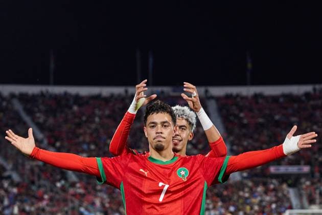 (251020) -- SANTIAGO, Oct. 20, 2025 -- Yassir Zabiri (back) and Othmane Maamma of Morocco celebrate a goal during the final match between Argentina and Morocco at the FIFA U-20 World Cup Chile 2025 in Santiago, Chile, Oct. 19, 2025. ) (SP)CHILE-SANTIAGO-FOOTBALL-FIFA U20 WORLD CUP-FINAL MengxDingbo 