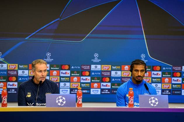LEVERKUSEN, GERMANY - 20 OCTOBER, 2025: Kasper Hjulmand, Loic Bade - UEFA Champions League, MD-1, press conference, PK, Pressekonferenz at BayArena.  Copyright: xx