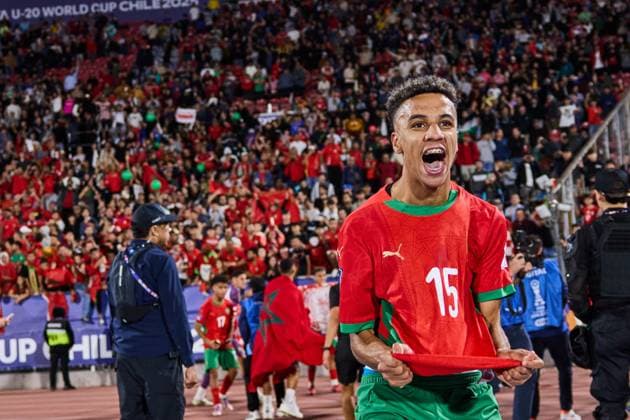 (251020) -- SANTIAGO, Oct. 20, 2025 -- Fouad Zahouani of Morocco celebrates the victory after the final match between Argentina and Morocco at the FIFA U-20 World Cup Chile 2025 in Santiago, Chile, Oct. 19, 2025. ) (SP)CHILE-SANTIAGO-FOOTBALL-FIFA U20 WORLD CUP-FINAL MengxDingbo 