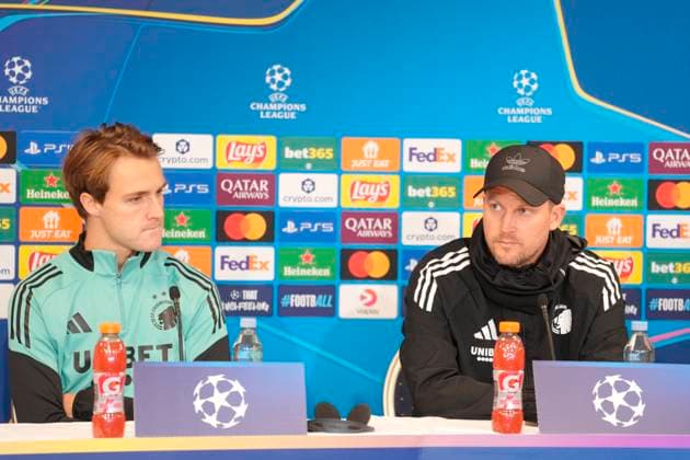Denmark Champions League FC Copenhagen Head coach Jacob Neestrup, right, and William Clem during FC Copenhagen press conference, PK, Pressekonferenz at Parken on Monday, October 20, 2025. FC Copenhagen faces the German team Borussia Dortmund in the Champions League at Parken on Tuesday. (Photo: Liselotte Sabroe Scanpix 2025) , Copenhagen Denmark Copyright: LiselottexSabroex spdk20251020-163458-L
