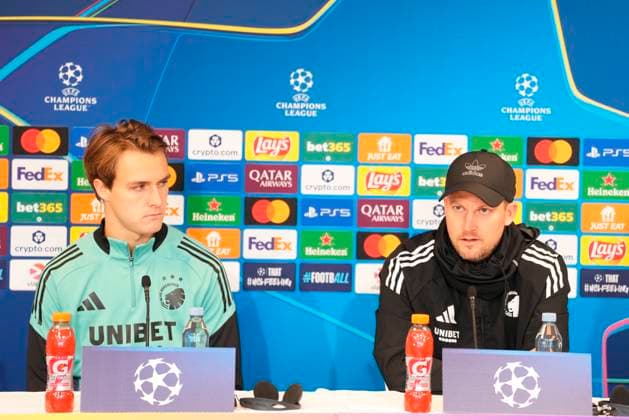 Denmark Champions League FC Copenhagen Head coach Jacob Neestrup, right, and William Clem during FC Copenhagen press conference, PK, Pressekonferenz at Parken on Monday, October 20, 2025. FC Copenhagen faces the German team Borussia Dortmund in the Champions League at Parken on Tuesday. (Photo: Liselotte Sabroe Scanpix 2025) , Copenhagen Denmark Copyright: LiselottexSabroex spdk20251020-163646-L