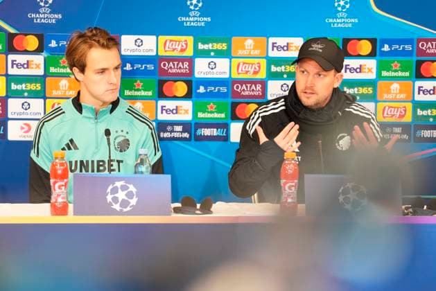 Denmark Champions League FC Copenhagen Head coach Jacob Neestrup, right, and William Clem during FC Copenhagen press conference, PK, Pressekonferenz at Parken on Monday, October 20, 2025. FC Copenhagen faces the German team Borussia Dortmund in the Champions League at Parken on Tuesday. (Photo: Liselotte Sabroe Scanpix 2025) , Copenhagen Denmark Copyright: LiselottexSabroex spdk20251020-163653-L