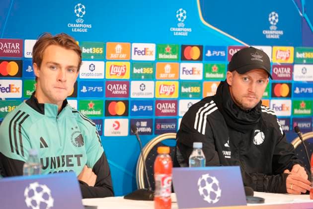Denmark Champions League FC Copenhagen Head coach Jacob Neestrup, right, and William Clem during FC Copenhagen press conference, PK, Pressekonferenz at Parken on Monday, October 20, 2025. FC Copenhagen faces the German team Borussia Dortmund in the Champions League at Parken on Tuesday. (Photo: Liselotte Sabroe Scanpix 2025) , Copenhagen Denmark Copyright: LiselottexSabroex spdk20251020-163430-L