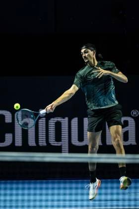 20th October 2025; St. Jakobshalle, Basel, Switzerland; 2025 ATP, Tennis Herren Swiss Indoor Tennis Day 2; Lorenzo Sonego (ITA) in action against Alejandro Davidovich Fokina (ESP) in the first round  DavidxEmm