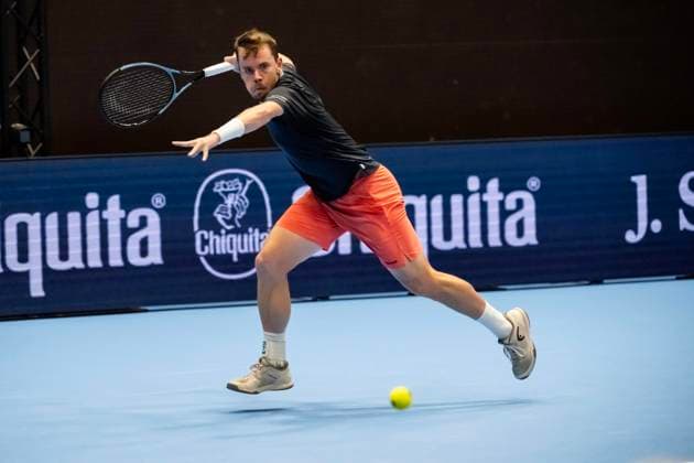 20th October 2025; St. Jakobshalle, Basel, Switzerland; 2025 ATP, Tennis Herren Swiss Indoor Tennis Day 2; Remy Bertola (SUI) in action against Jaume Munar (ESP) in the first round  DavidxEmm