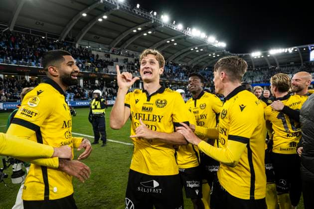 251020 Mjällbys spelare jublar efter fotbollsmatchen i Allsvenskan mellan IFK Göteborg och Mjällby den 20 oktober 2025 i Göteborg. Copyright: CARLxSANDIN BB251020CS049