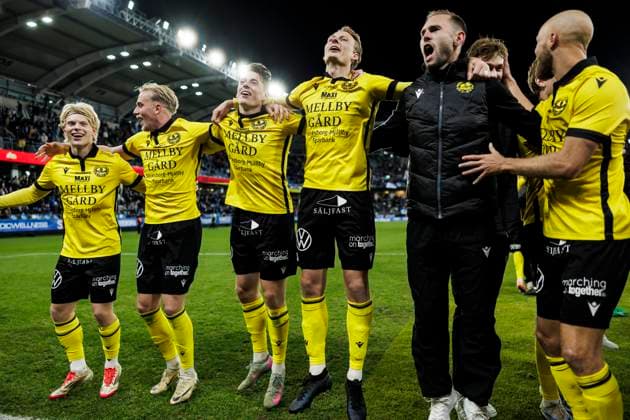 251020 Mjällbys spelare jublar efter fotbollsmatchen i Allsvenskan mellan IFK Göteborg och Mjällby den 20 oktober 2025 i Göteborg. Copyright: MICHAELxERICHSEN BB251020MI060