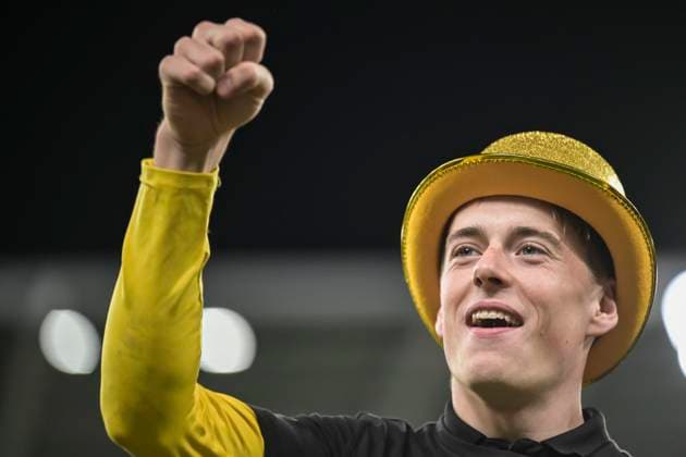 251020 Mjällbys Viktor Gustafson jublar efter fotbollsmatchen i Allsvenskan mellan IFK Göteborg och Mjällby den 20 oktober 2025 i Göteborg. Copyright: MATHIASxBERGELD BB251020MB123
