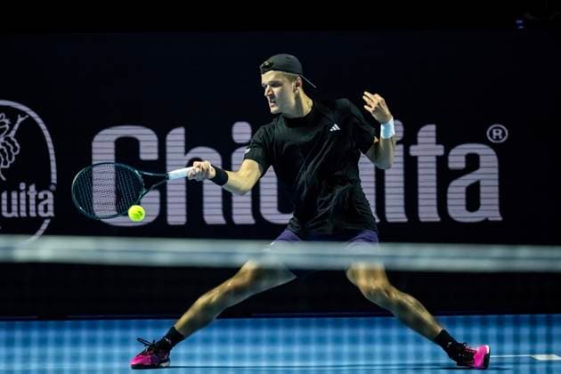 20th October 2025; St. Jakobshalle, Basel, Switzerland; 2025 ATP, Tennis Herren Swiss Indoor Tennis Day 2; Jakub Mensik (CZE) in action in the match against Henry Bernet (SUI) in the first round  DavidxEmm