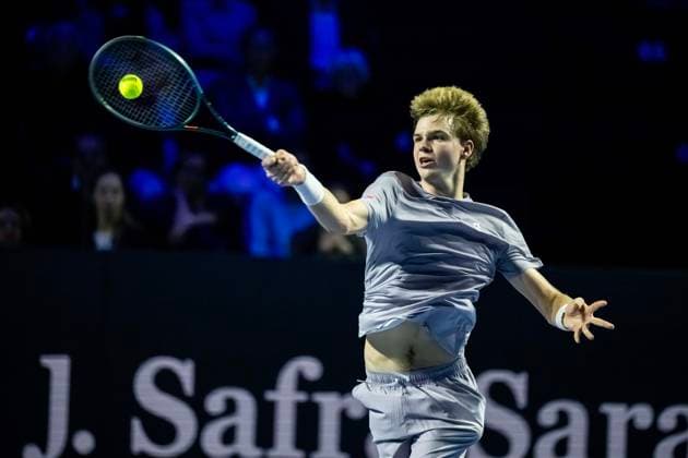 20th October 2025; St. Jakobshalle, Basel, Switzerland; 2025 ATP, Tennis Herren Swiss Indoor Tennis Day 2; Henry Bernet (SUI) in action in the match against Jakub Mensik (CZE) in the first round  DavidxEmm