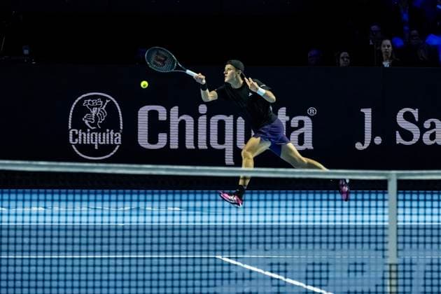 20th October 2025; St. Jakobshalle, Basel, Switzerland; 2025 ATP, Tennis Herren Swiss Indoor Tennis Day 2; Jakub Mensik (CZE) in action in the match against Henry Bernet (SUI) in the first round  DavidxEmm