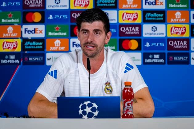Real Madrid C.F. Training Session And press conference, PK, Pressekonferenz - UEFA Champions League 2025 26 League Phase MD3 Thibaut Courtois of Real Madrid speaks during the press conference ahead of the UEFA Champions League 2024 25 match against Juventus FC at Ciudad Real Madrid on October 21, 2025 in Valdebebas, Spain. Valdebebas Ciudad Real Madrid Madrid Spain Copyright: xAlbertoxGardinx AGardin_20251021_Foot_Champions_Real_Madrid_PC_0624