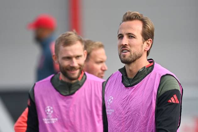 Harry KANE (Bayern Muenchen), hi:Konrad LAIMER (Bayern Muenchen). Abschlusstraining am 21.10.2025 Fussball Champions League,Saison 2025 26 FC Bayern Muenchen - Club Bruegge