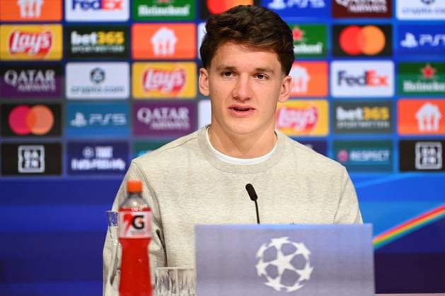 Bayern Munchen v Club Brugge - UEFA Champions League Media Activities 21 10 2025 MUNICH, GERMANY - OCTOBER 21 : Tzolis Christos forward of Club Brugge talking to the press during a press conference, PK, Pressekonferenz ahead of the UEFA Champions League 2025 26 League Phase MD3 match between Bayern Munchen and Club Brugge on October 21, 2025 in Munich, Germany, 21 10 2025 Munich Germany  Copyright: xTomasxSiskx