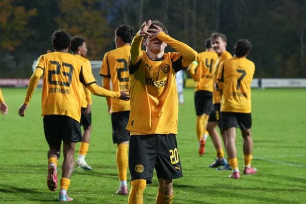 Mittwoch, 21.10.2025 Saison 2025 2026 3. Spieltag UEFA Youth League im Tingbjerg Idraetspark, Kopenhagen, Denmark. FC Kopenhagen U19 - BV Borussia Dortmund U19. Torjubel nach dem 2:0 durch Tom Lasse Faust (BVB).