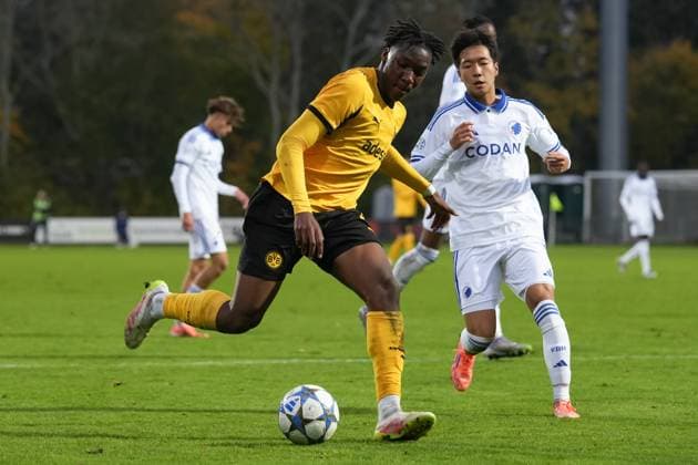 Mittwoch, 21.10.2025 Saison 2025 2026 3. Spieltag UEFA Youth League im Tingbjerg Idraetspark, Kopenhagen, Denmark. FC Kopenhagen U19 - BV Borussia Dortmund U19. Pharell Kegni (BVB)